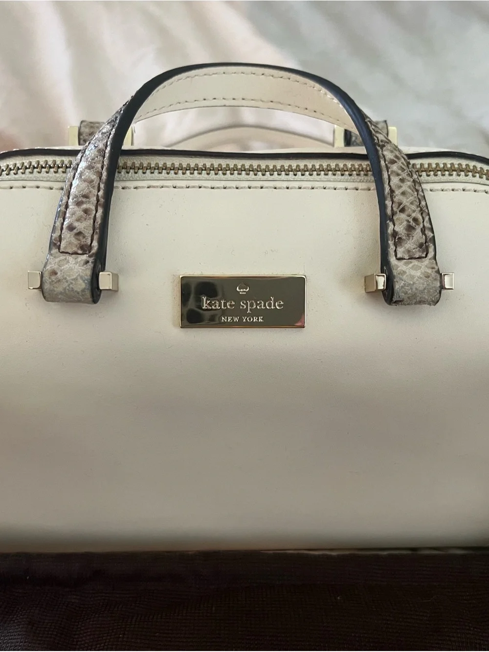 kate spade Cream Satchel with Snake-Print Handles and Gold Plaque